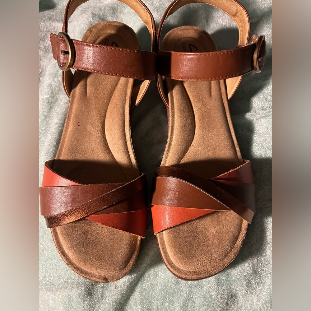 Clarks Brown and Orange Leather Ankle Strap Sandals